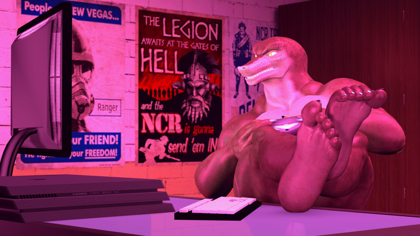 16:9 3d_(artwork) 4k absurd_res anthro artist_fuskymeet bethesda_softworks computer_keyboard console controller digital_media_(artwork) english_text fallout fallout_nv feet foot_fetish foot_focus game_controller hi_res keyboard lizard lizard_(petruz) male monitor muscular muscular_anthro muscular_male nails obsidian_entertainment petruz_(copyright) playstation playstation_controller poster reptile scalie solo solo_focus sony_corporation sony_interactive_entertainment source_filmmaker text toe_curl toenails toes video_games widescreen