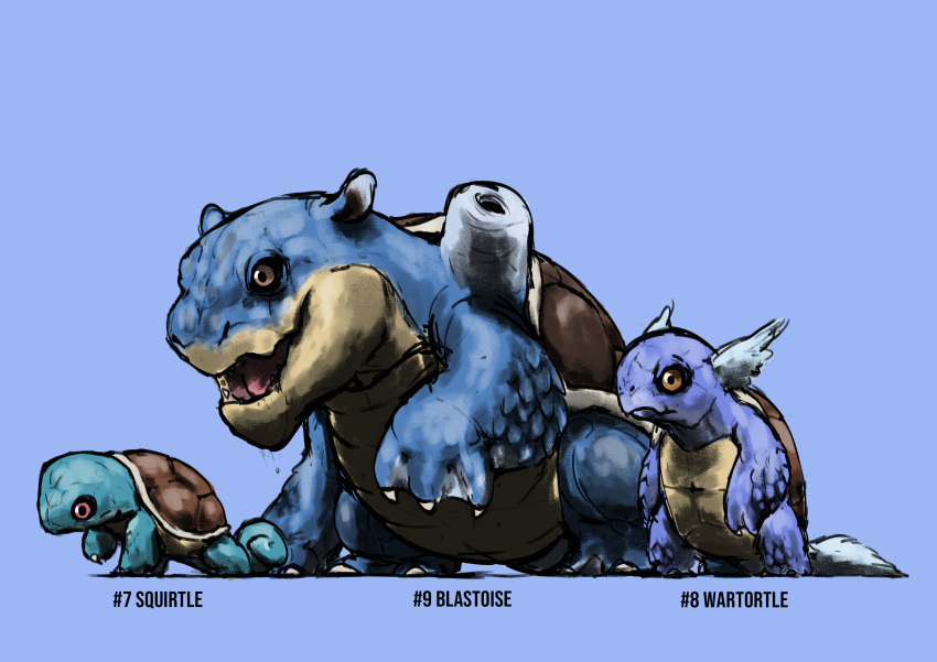 absurdres animal_focus black_sclera blacknirrow blastoise blue_background blue_theme brown_eyes character_name claws closed_mouth colored_sclera commentary english_commentary english_text evolutionary_line from_side full_body head_wings highres leg_up no_humans open_mouth pokedex_number pokemon pokemon_(creature) realistic red_eyes sharp_teeth shell sketch squirtle standing teeth turtle wartortle