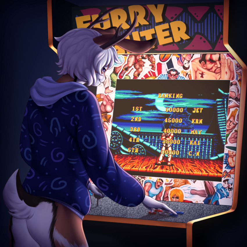 anthro antlers arcade arcade_machine butt capcom hi_res horn j_a_k_k_e_l jackalope jett_hopscotch joystix lagomorph male mammal solo solo_focus street_fighter video_games