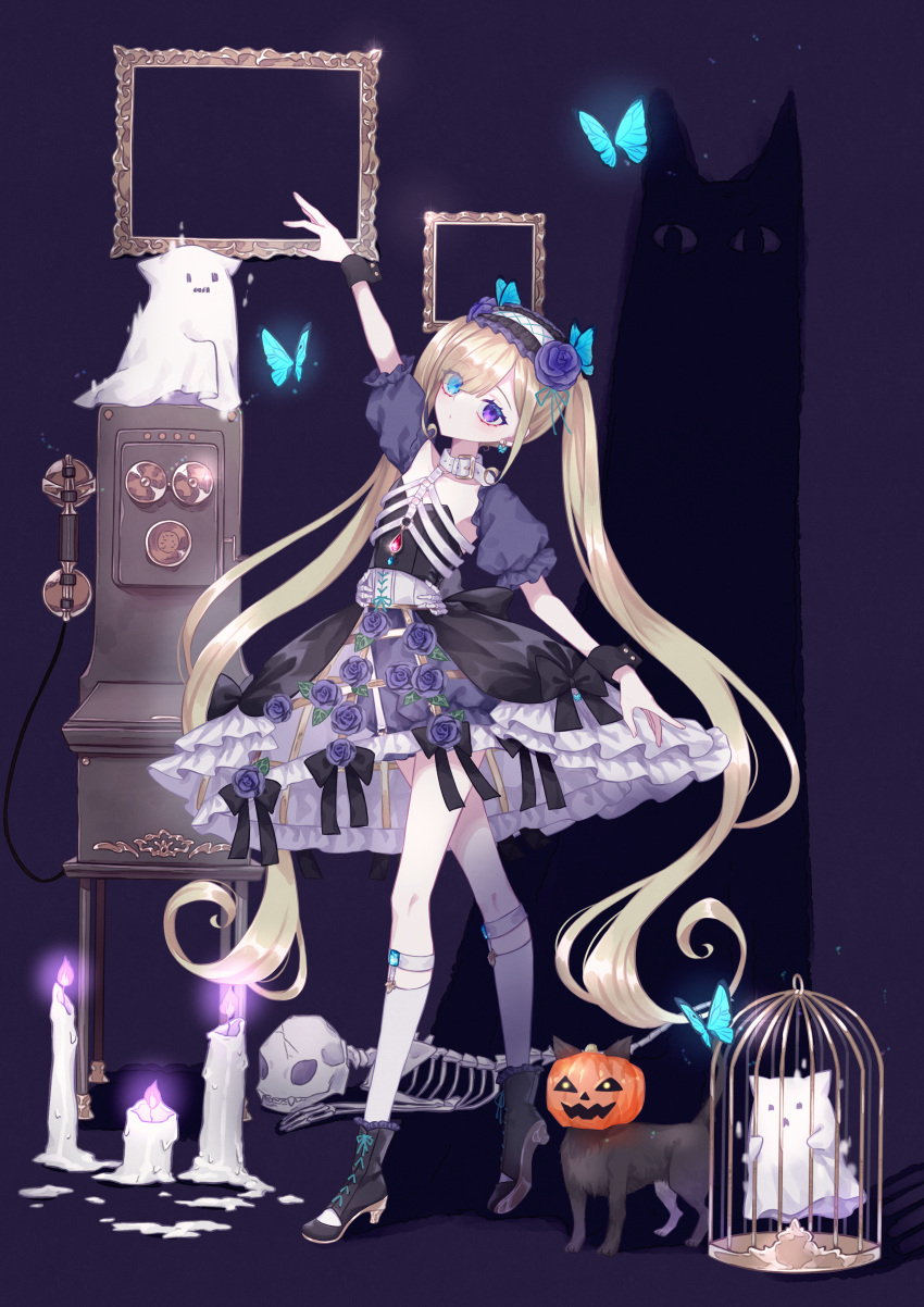 1girl absurdres akikawa_higurashi ankle_boots arm_up back_bow bangs belt_collar birdcage black_bow black_cat black_dress black_footwear blonde_hair bloomers blue_butterfly blue_eyes boots bow breasts bug butterfly butterfly_earrings butterfly_hair_ornament cage candle cat collar commentary corded_phone crinoline detached_sleeves dot_mouth dress dress_bow dress_flower earrings empty_picture_frame english_commentary fire flower full_body ghost ghost_costume hair_flower hair_ornament hairband heterochromia high_heel_boots high_heels highres jewelry legwear_garter light_particles lolita_hairband looking_at_viewer original phone picture_frame puffy_short_sleeves puffy_sleeves pumpkin_on_head purple_background purple_bloomers purple_eyes purple_fire purple_flower purple_rose rose short_sleeves silhouette skeletal_hand skeleton small_breasts socks solo standing strapless strapless_dress swept_bangs twintails underwear wax white_collar white_socks wrist_cuffs