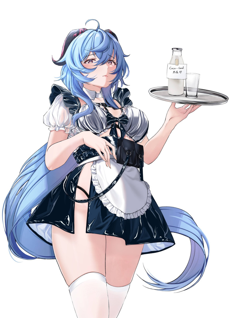 1girl ahoge alternate_costume apron black_bow blue_hair bottle bow breasts cleavage closed_mouth cup drinking_glass english_commentary enmaided ganyu_(genshin_impact) genshin_impact goat_horns highres horns large_breasts long_hair looking_at_viewer maid milk_bottle mirei-yume red_eyes red_horns simple_background solo thighhighs very_long_hair waist_apron white_background white_thighhighs