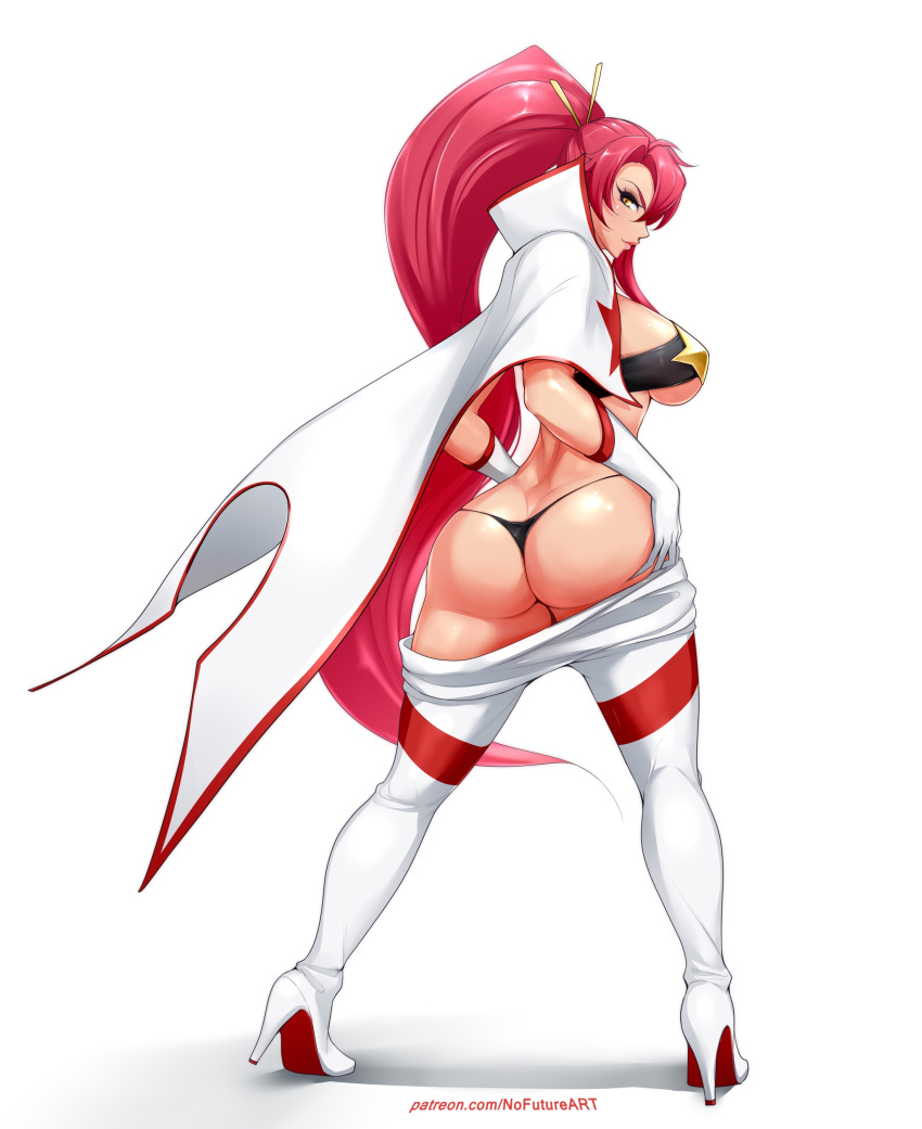 1girl absurdres ass ass_support bare_back black_panties breasts cape closed_mouth commentary forehead full_body gloves hair_ornament high_heels high_ponytail highres large_breasts legs_apart long_hair looking_at_viewer looking_back nofuture panties patreon_username pointy_nose red_hair shadow shiny shiny_skin shoe_soles sideboob simple_background slit_pupils solo tengen_toppa_gurren_lagann thighs underwear v-shaped_eyebrows very_long_hair white_background white_cape white_footwear white_gloves yellow_eyes yoko_littner