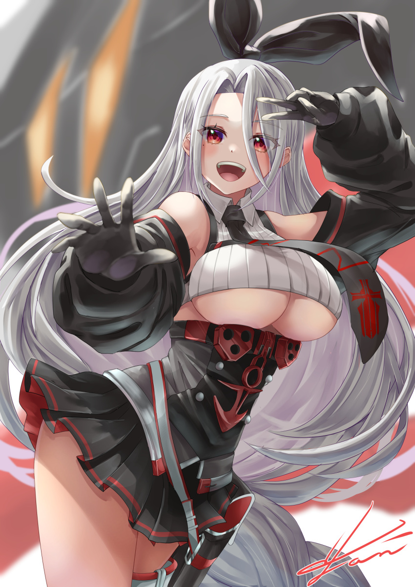 1girl :d absurdres azur_lane bangs bare_shoulders black_gloves black_necktie black_skirt black_sleeves blush breasts bustier collared_shirt commentary_request cowboy_shot crop_top cross detached_sleeves gloves grey_hair hair_between_eyes hair_ribbon hand_up highres iron_blood_(emblem) iron_cross large_breasts long_hair looking_at_viewer mole mole_under_eye necktie open_mouth partial_commentary pleated_skirt prinz_heinrich_(azur_lane) red_eyes ribbed_shirt ribbon shirt sidelocks signature skirt smile solo standing teeth underboob upper_teeth v_over_eye very_long_hair yam_(yam6056)