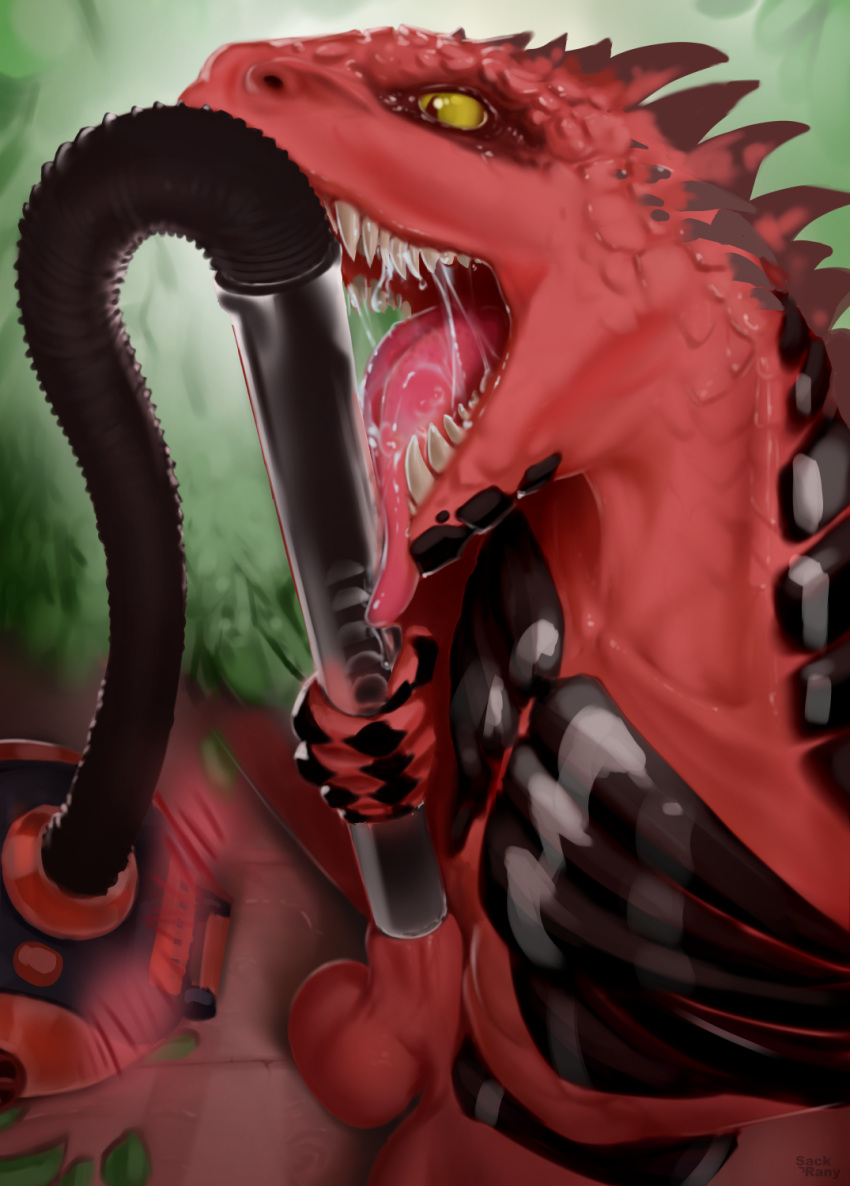 anthro balls bodily_fluids claws cleaning_tool digital_media_(artwork) divinity:_original_sin_2 dripping erection facial_spikes genitals hi_res lizard lizard_(divinity) male nude penis red_body red_scales reptile sackrany saliva saliva_drip saliva_on_tongue salivating scales scalie sex solo spikes spikes_(anatomy) tagme teeth the_red_prince vacuum_cleaner