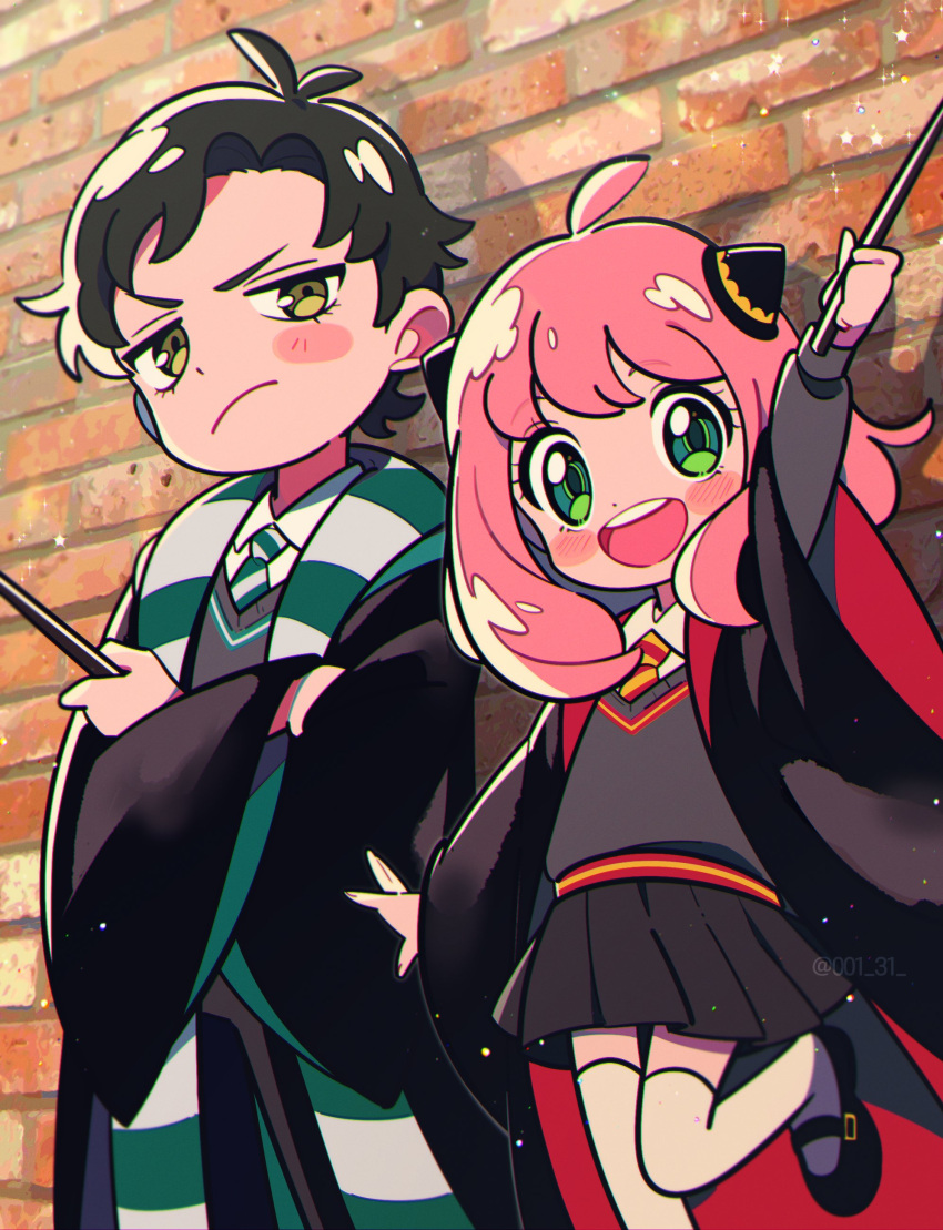 1boy 1girl absurdres anya_(spy_x_family) arm_up black_hair blush_stickers chueog closed_mouth crossed_arms damian_desmond green_eyes hairpods harry_potter_(series) highres hogwarts_school_uniform long_hair miniskirt open_mouth pink_hair robe scarf school_uniform skirt spy_x_family thighhighs wand yellow_eyes