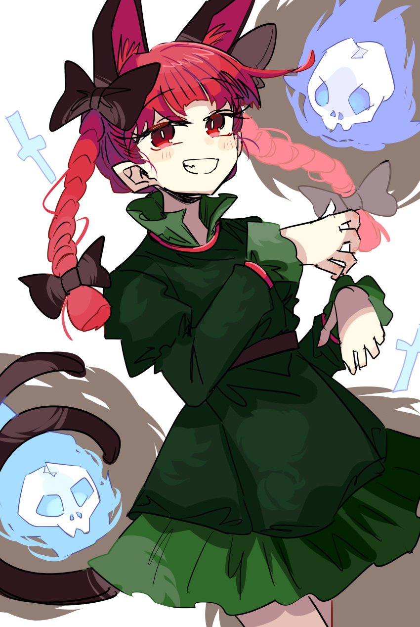 1girl :d absurdres animal_ears asuku_(69-1-31) black_bow blunt_ends bow braid cat_ears cat_tail dress extra_ears floating_skull green_dress grin hair_bow highres hitodama kaenbyou_rin multiple_tails nekomata red_eyes red_hair simple_background skull slit_pupils smile tail teeth touhou twin_braids two_tails white_background