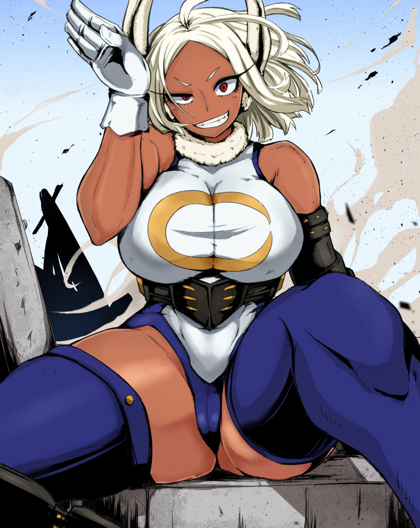 1girl absurdres animal_ears bangs bare_shoulders boku_no_hero_academia breasts bunny_pose crescent_print dark-skinned_female dark_skin dust feet_out_of_frame floating_hair fur_collar gloves grin hand_up highleg highleg_leotard highres large_breasts leotard long_eyelashes looking_at_viewer mechanical_arms mechanical_legs mirko parted_bangs prosthesis prosthetic_arm prosthetic_leg purple_thighhighs rabbit_ears rabbit_girl red_eyes rubipachiku short_hair single_mechanical_arm single_mechanical_leg sitting sleeveless_turtleneck_leotard smile solo spoilers taut_leotard teeth thick_thighs thighhighs thighs toned uneven_eyes white_gloves white_hair white_leotard