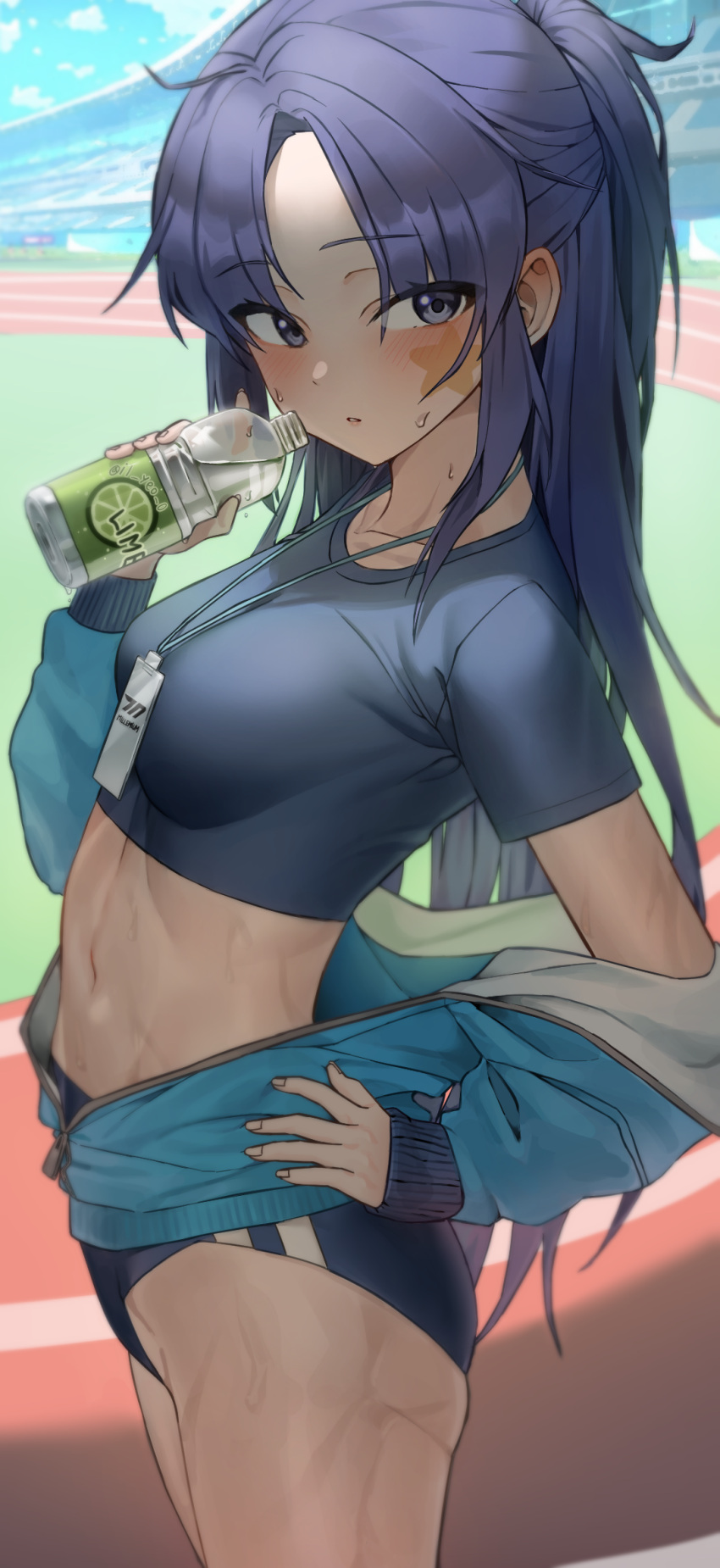 1girl blue_archive blue_buruma blush buruma field gym_uniform hand_on_hip highres id_card jacket lanyard looking_at_viewer navel outdoors partially_unzipped ponytail purple_eyes purple_hair running_track solo sports_drink sportswear stadium star_(symbol) sticker_on_face sweat thighs toned track_jacket yerim yuuka_(blue_archive) yuuka_(gym_uniform)_(blue_archive)