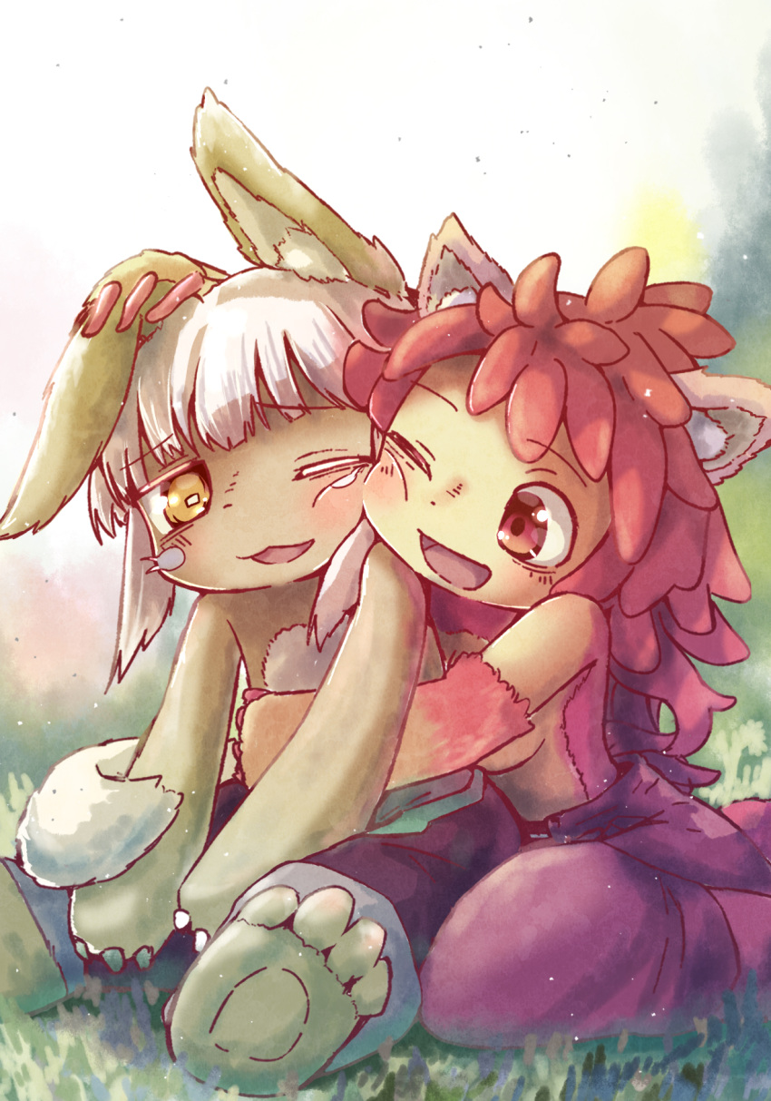 2girls :3 :d animal_ears cheek-to-cheek cheek_squash cuddling furry heads_together highres made_in_abyss mitty_(made_in_abyss)_(furry) multiple_girls nanachi_(made_in_abyss) one_eye_closed petting red_eyes red_hair sitting smile teru_(teru11061) topless white_hair yellow_eyes