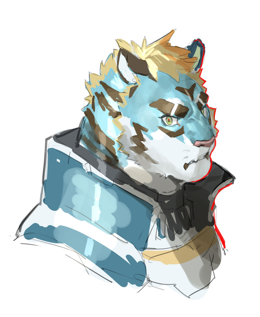 angry anthro armor blonde_hair blue_body blue_fur bust_portrait eyebrows felid fur green_eyes hair hi_res lifewonders live-a-hero looking_at_viewer male mammal neumokun pantherine portrait rexer simple_background solo striped_body striped_fur stripes thick_eyebrows tiger video_games white_background