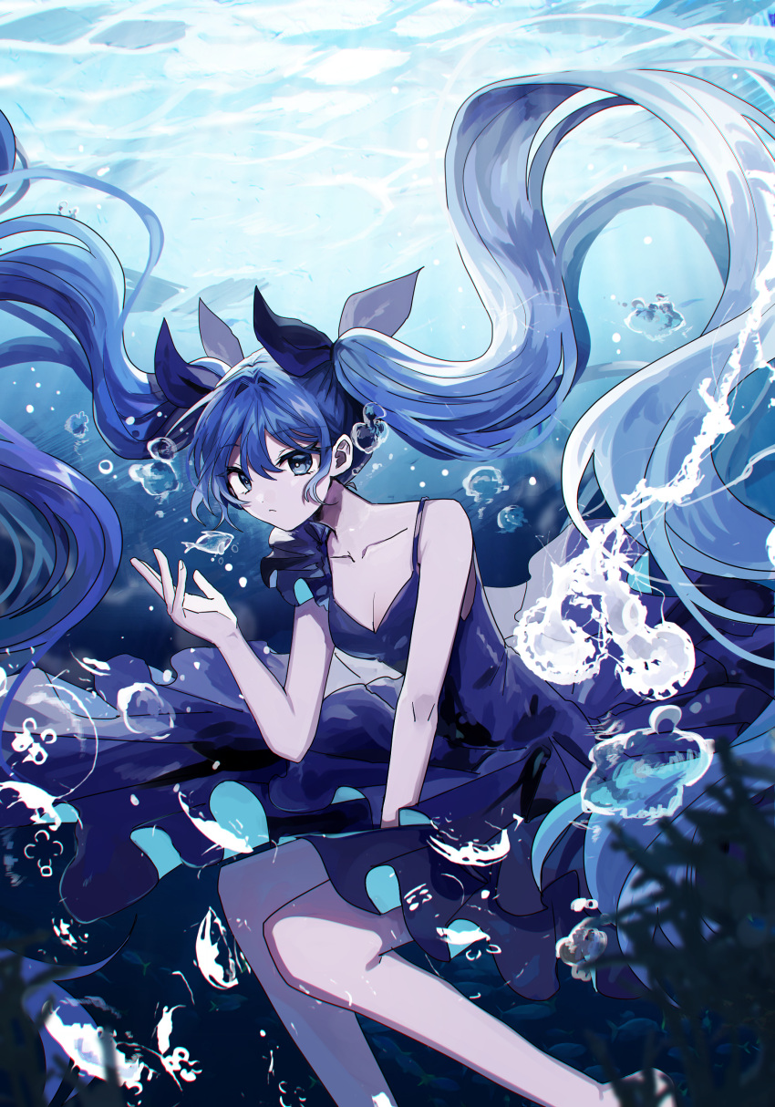 1girl absurdres bangs bare_arms bare_shoulders blue_dress blue_eyes blue_hair blue_ribbon breasts cleavage closed_mouth commentary danjou_sora day dress feet_out_of_frame hair_between_eyes hair_ribbon hand_up hatsune_miku highres jellyfish long_hair looking_at_viewer medium_breasts outdoors ribbon shinkai_shoujo_(vocaloid) sleeveless sleeveless_dress solo twintails underwater very_long_hair vocaloid water