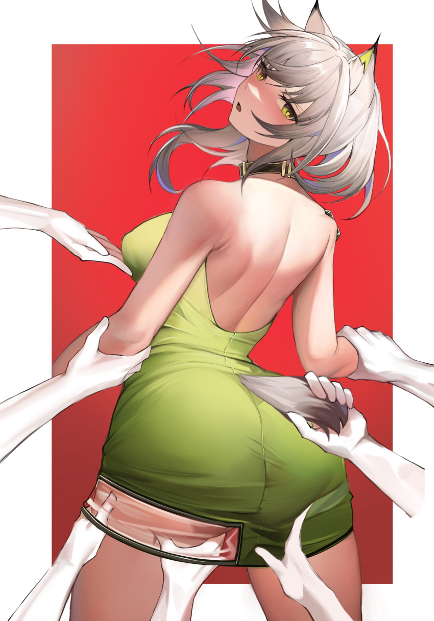 1girl animal_ears arknights ass backless_dress backless_outfit bare_back bare_shoulders black_choker breasts cat_ears cat_tail chinese_commentary choker commentary_request cowboy_shot dress green_dress green_eyes highres kal'tsit_(arknights) large_breasts oripathy_lesion_(arknights) pencil_dress short_hair solo_focus standing tabayashi tail thighs white_hair
