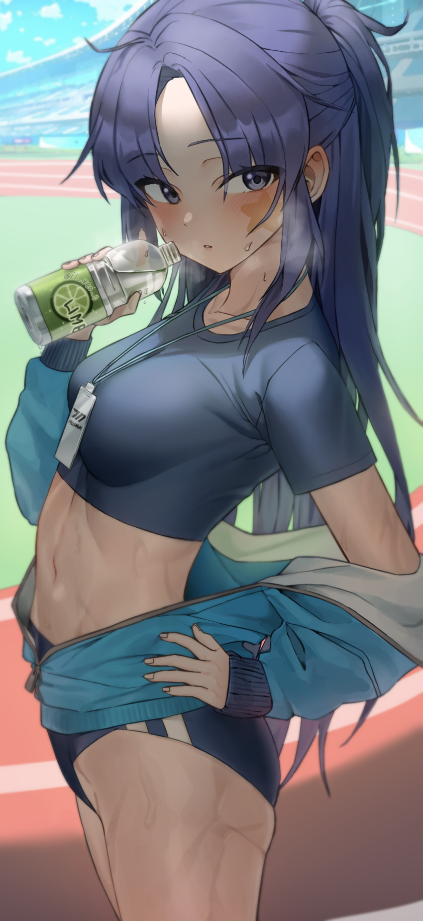 1girl blue_archive blue_buruma blush buruma field gym_uniform hand_on_hip heavy_breathing highres id_card jacket lanyard looking_at_viewer navel outdoors partially_unzipped ponytail purple_eyes purple_hair running_track solo sports_drink sportswear stadium star_(symbol) sticker_on_face sweat thighs toned track_jacket yerim yuuka_(blue_archive) yuuka_(gym_uniform)_(blue_archive)