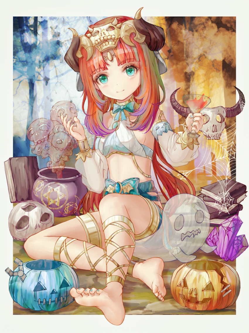 1girl anklet bangs barefoot blue_bow blue_bowtie blue_gemstone blue_skirt book border bow bowtie bracer breasts buxue_luo_li_tang cauldron chinese_commentary circlet closed_mouth colored_tips commentary_request crossed_legs cup feet full_body gem genshin_impact ghost gold_trim gradient_hair hair_ornament hands_up harem_outfit highres holding holding_cup horns jack-o'-lantern jewelry legs long_sleeves looking_at_viewer multicolored_hair nail_polish nilou_(genshin_impact) parted_bangs pentagram puffy_long_sleeves puffy_sleeves silk sitting skirt skull_hair_ornament small_breasts smile smoke soles solo spider_web toenail_polish toenails toes white_border