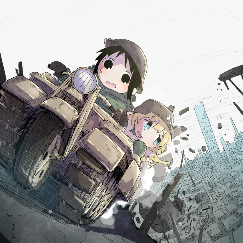 2girls absurdres black_eyes black_hair blonde_hair blue_eyes chito_(shoujo_shuumatsu_ryokou) cityscape driving gloves helmet highres kettenkrad multiple_girls outdoors shoujo_shuumatsu_ryokou sweatdrop teru_(teru11061) yuuri_(shoujo_shuumatsu_ryokou)