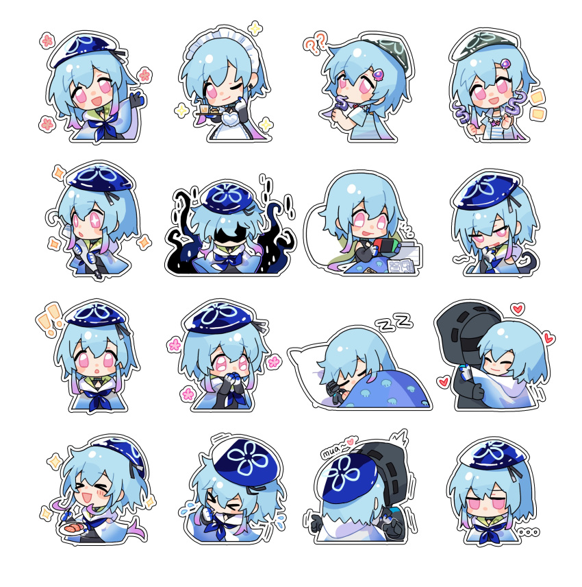 &gt;_&lt; +_+ ... 1girl 1other :d ;) ? ?? ^_^ absurdres alternate_costume apron arknights bangs bendy_straw beret black_dress black_gloves black_jacket black_shirt blue_cloak blue_flower blue_gloves blue_hair blue_headwear blue_neckerchief blush_stickers character_doll chestnut_mouth chopsticks cloak closed_eyes closed_mouth closed_umbrella commentary_request covered_mouth crossdressing cup doctor_(arknights) dress drinking_glass drinking_straw earrings eating elbow_gloves enmaided facing_viewer floral_background flower flower_wreath flying_sweatdrops food frilled_apron frills from_side gloves gradient_hair grey_headwear hair_between_eyes hands_up hat heart highres holding holding_chopsticks holding_food holding_plate holding_tray holding_umbrella hood hood_down hood_up hooded_cloak hooded_jacket hug jacket jewelry kiss leaning_to_the_side long_hair looking_at_viewer looking_to_the_side maid maid_headdress marchrin mizuki_(arknights) multicolored_hair multiple_views neckerchief nintendo_switch notice_lines object_hug one_eye_closed open_clothes open_jacket outline parted_lips pillow pink_eyes pink_flower pink_hair plate red_flower see-through shaded_face shirt short_sleeves simple_background sleeping smile sneezing sparkle striped striped_shirt tentacles tray umbrella under_covers very_long_hair white_apron white_background white_flower white_gloves white_outline white_umbrella xd
