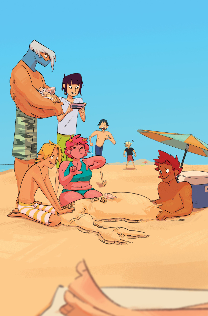 2018 absurd_res alien alien_humanoid animal_humanoid ashido_mina beach bikini cephalopod cephalopod_humanoid clothing cooler denki_kaminari digital_drawing_(artwork) digital_media_(artwork) eijiro_kirishima female group hanta_sero hi_res human humanoid katsuki_bakugou kyoka_jiro male mammal marine marine_humanoid mezo_shoji mollusk mollusk_humanoid my_hero_academia not_furry_focus octopus_humanoid overweight overweight_female phone running sand sand_sculpture seaside shell swimming_trunks swimwear umbrella xiunens