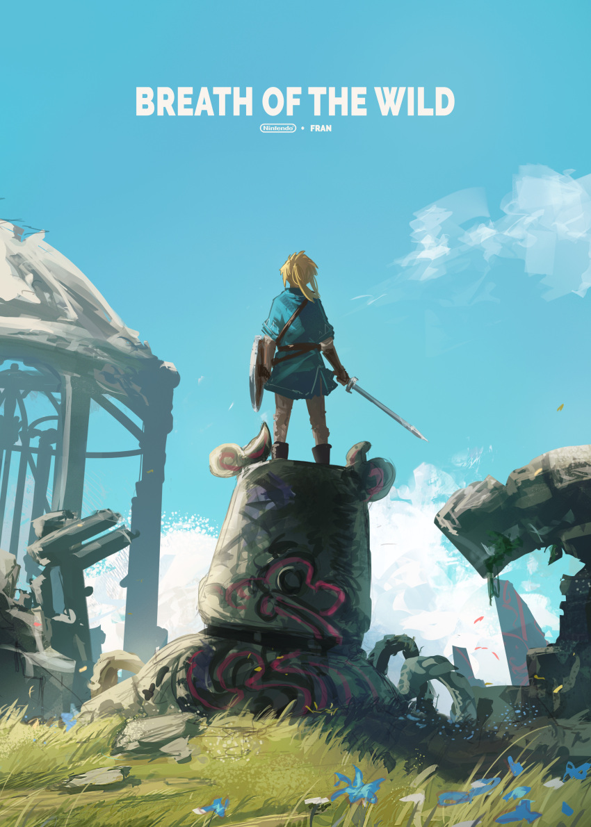 absurdres blonde_hair blue_sky blue_tunic boots copyright_name day facing_away flower franlol gloves grass guardian_(breath_of_the_wild) highres holding holding_shield holding_sword holding_weapon knee_boots link male_focus master_sword medium_hair outdoors pants ponytail ruins scenery shield sky solo stone sword the_legend_of_zelda the_legend_of_zelda:_breath_of_the_wild tunic weapon white_pants