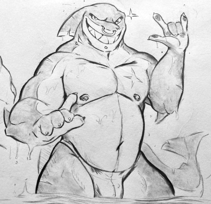anthro bulge clothing devil_horns_(gesture) facial_piercing fin fish gesture grin head_fin hi_res jumpy_jackal looking_at_viewer male marine monochrome musclegut muscular muscular_anthro muscular_male nipple_piercing nipples nose_piercing nose_ring notched_fin partially_submerged piercing ring_piercing shark sharp_teeth sketch smile solo speedo standing swimwear teeth water wet
