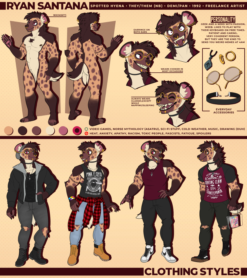 absurd_res clothed clothing colar ear_piercing eyewear glasses hi_res hyaenid male mammal model_sheet multiple_poses nipple_piercing nipples nude piercing pose ryan_santana ryanyeen simple_background solo