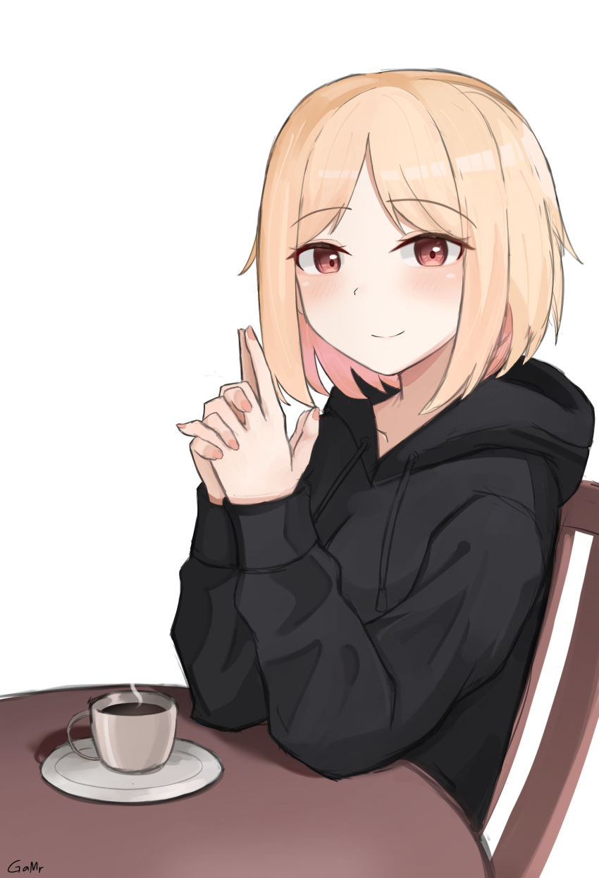 1girl absurdres artist_name black_jacket blonde_hair breasts brown_eyes chair coffee coffee_cup commission cup disposable_cup gamryous girls'_frontline highres hood hood_down jacket long_sleeves looking_at_viewer mp40_(girls'_frontline) non-web_source own_hands_clasped own_hands_together plate short_hair simple_background smile table