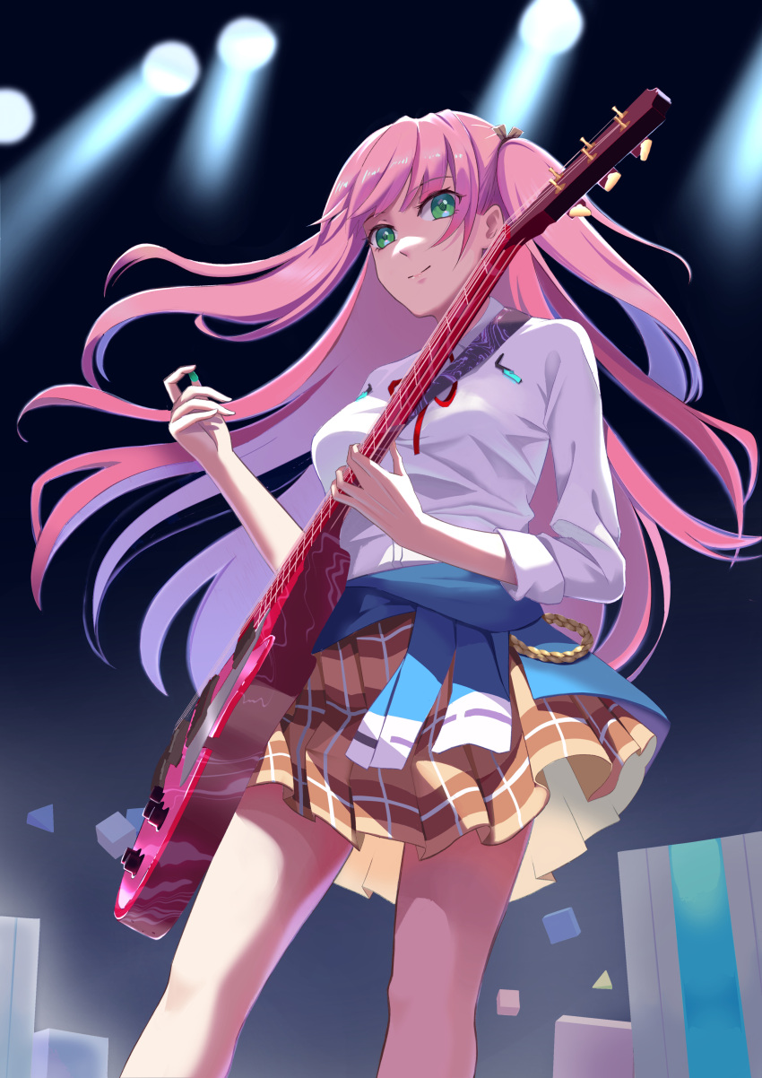 1girl absurdres aikawa_megumi brown_skirt clothes_around_waist green_eyes heaven_burns_red highres jacket jacket_around_waist joe_lee long_hair pink_hair plaid plaid_skirt plectrum shirt skirt standing uniform very_long_hair white_shirt