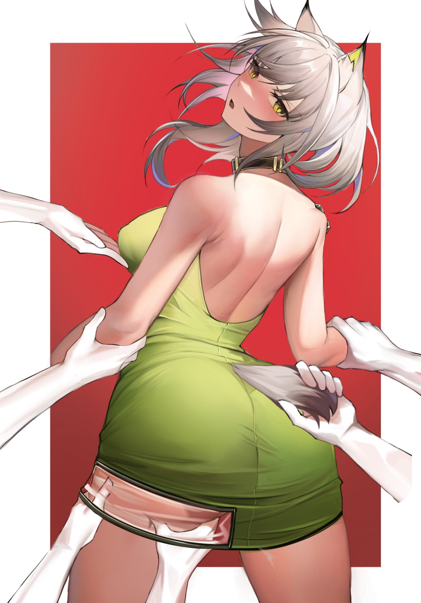 1girl animal_ears arknights ass backless_dress backless_outfit bare_back bare_shoulders black_choker breasts cat_ears cat_tail chinese_commentary choker commentary_request cowboy_shot dress green_dress green_eyes highres kal'tsit_(arknights) large_breasts oripathy_lesion_(arknights) pencil_dress revision short_hair solo_focus standing tabayashi tail thighs white_hair
