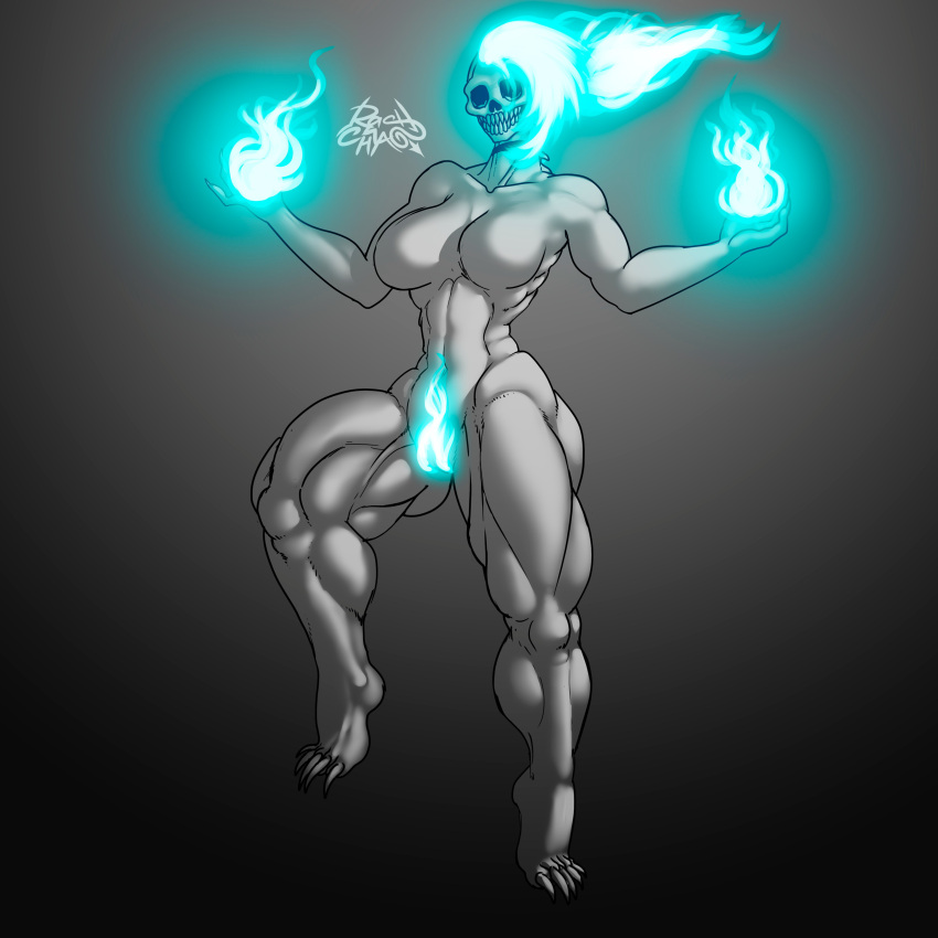 1:1 abs absurd_res bone claws collar demon digital_drawing_(artwork) digital_media_(artwork) eyeless female genitals glowing glowing_hair gradient_background grey_background grey_body grey_skin hair hi_res humanoid humanoid_genitalia humanoid_penis light magic muscular muscular_female muscular_humanoid penis pussy rashchaos sharp_claws signature simple_background skull skull_head solo standing teeth toe_claws