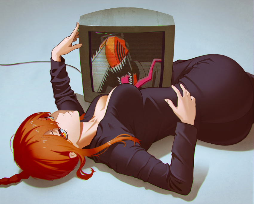 1girl ass black_pants black_suit braid braided_ponytail breasts chainsaw chainsaw_man denji_(chainsaw_man) formal highres lem long_hair looking_at_viewer lying makima_(chainsaw_man) medium_breasts monster_boy no_bra on_side pants red_hair ringed_eyes suit television yellow_eyes