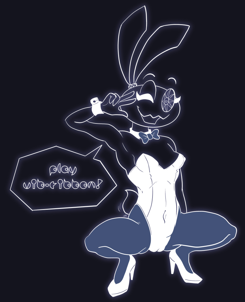 absurd_res anthro bow_tie breasts bunny_costume clothing costume dialogue english_text female footwear harry_amor&oacute;s hi_res high_heels lagomorph legwear leporid looking_at_viewer mammal one_eye_closed rabbit small_breasts solo stockings text vib-ribbon vibri wink winking_at_viewer