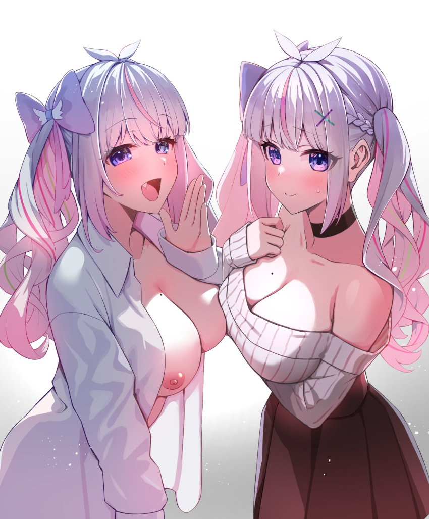 2girls :d bangs bare_shoulders black_choker blonde_hair blue_bow bow braid breasts brown_skirt choker cleavage closed_mouth collarbone commentary_request eyes_visible_through_hair fang gradient gradient_background grey_background grey_sweater hair_bow hair_ornament highres indie_virtual_youtuber large_breasts long_hair long_sleeves looking_at_viewer matsubara_tsuyoshi mole mole_on_breast multicolored_hair multiple_girls nipples off-shoulder_sweater off_shoulder open_clothes open_mouth open_shirt pink_hair purple_eyes shirt skirt smile sweater twintails two-tone_hair virtual_youtuber white_background white_hair white_shirt x_hair_ornament yasou_toiki