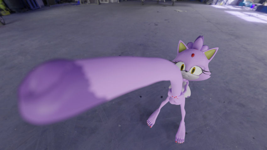 16:9 anthro big_breasts blaze_the_cat breasts expansion felid feline female genital_expansion genitals humanoid intersex long_penis mammal nude penis penis_expansion penis_extension sega shocked shocked_expression solo sonic_the_hedgehog_(series) warehouse widescreen