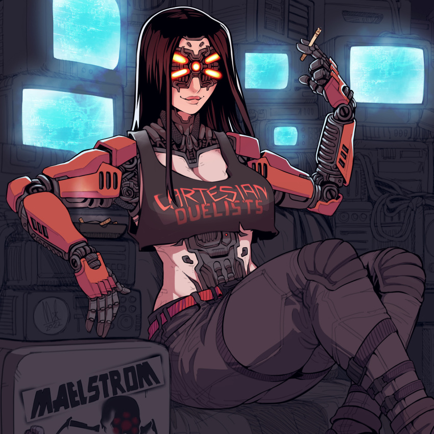 1girl artificial_eye bigmsaxon black_pants black_tank_top breasts brown_hair cigarette clothes_writing cyberpunk_(series) cyberpunk_2077 cyborg highres holding holding_cigarette long_hair mechanical_arms mechanical_eye medium_breasts midriff pants screen sitting smile solo tank_top