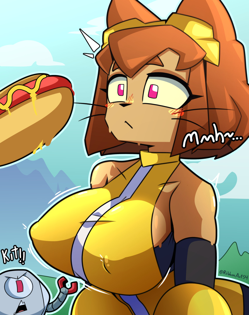 absurd_res animal_humanoid anthro big_breasts blush blush_face breasts damiribbon dark_body dark_skin domestic_cat duo erect_nipples felid felid_humanoid feline felis female gameoverse glitch_productions hi_res humanoid kit_(gameoverse) male male/female mammal mammal_humanoid nipples solo tanned_skin video_games