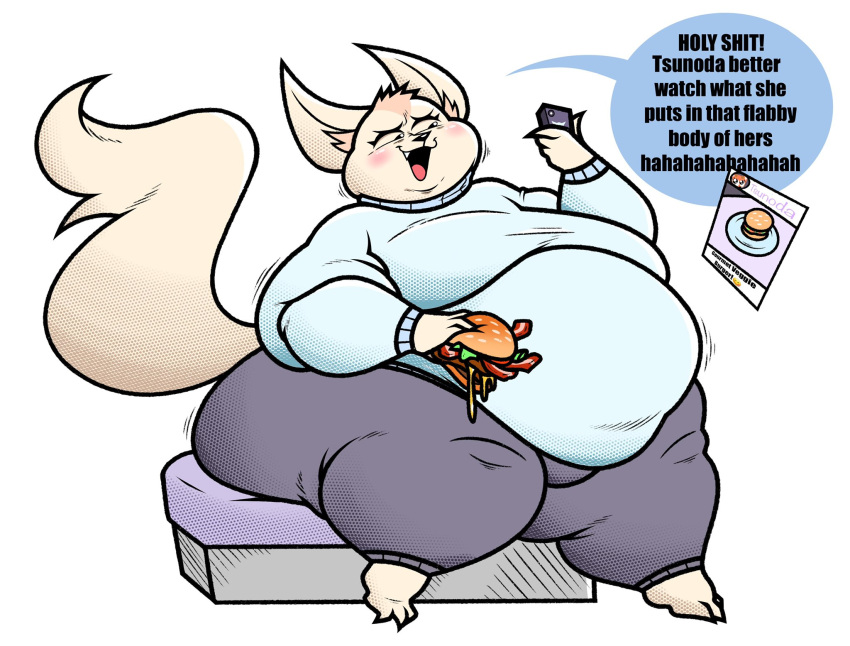 2022 aggressive_retsuko anthro balls barefoot belly big_belly breasts burger canid canine clothed clothing digital_media_(artwork) english_text feet female fennec fenneko food fox fur genitals hi_res laugh mammal obese obese_anthro obese_female overweight overweight_anthro overweight_female phone redphlannel sanrio simple_background sitting solo sweater sweatpants text thick_thighs topwear