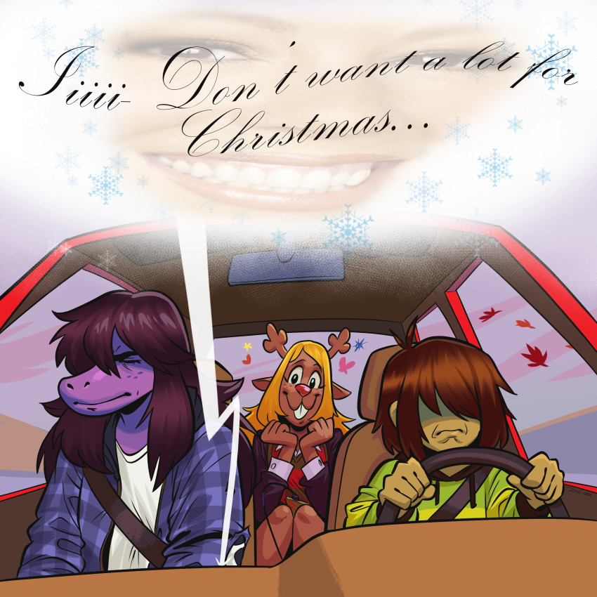 absurd_res ambiguous_gender angusburgers anthro antlers blonde_hair buckteeth capreoline car cervid clothing deltarune female group hair hi_res horn human kris_(deltarune) mammal mariah_carey noelle_holiday red_nose reindeer scalie steering_wheel susie_(deltarune) sweater teeth topwear trio undertale_(series) vehicle video_games