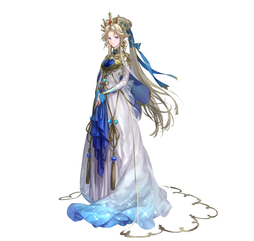 1girl absurdres bangs blonde_hair blue_eyes breasts capelet commentary_request detached_sleeves dress fire_emblem fire_emblem:_mystery_of_the_emblem fire_emblem_heroes gold_trim gradient gradient_clothes highres jewelry long_dress long_hair long_skirt long_sleeves looking_at_viewer medium_breasts nyna_(fire_emblem) official_art own_hands_together parted_bangs ponytail shiny shiny_hair simple_background skirt solo standing suzuki_rika tiara turtleneck very_long_hair white_background