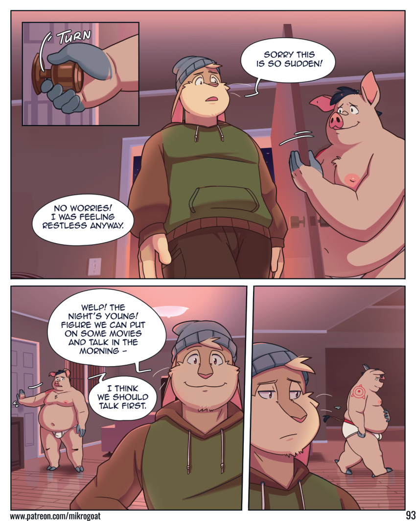 abe_(mikrogoat) anthro basil_(mikrogoat) beanie bulge clothed clothing comic detailed_background dialogue domestic_pig door duo floppy_ears furniture hat head_tuft headgear headwear hi_res hoodie hooves horn lagomorph leporid male mammal mikrogoat moobs navel nipples overweight overweight_male rabbit sky sofa sound_effects speech_bubble star starry_sky suid suina sus_(pig) tattoo topwear tuft twunk underwear underwear_only wood_floor