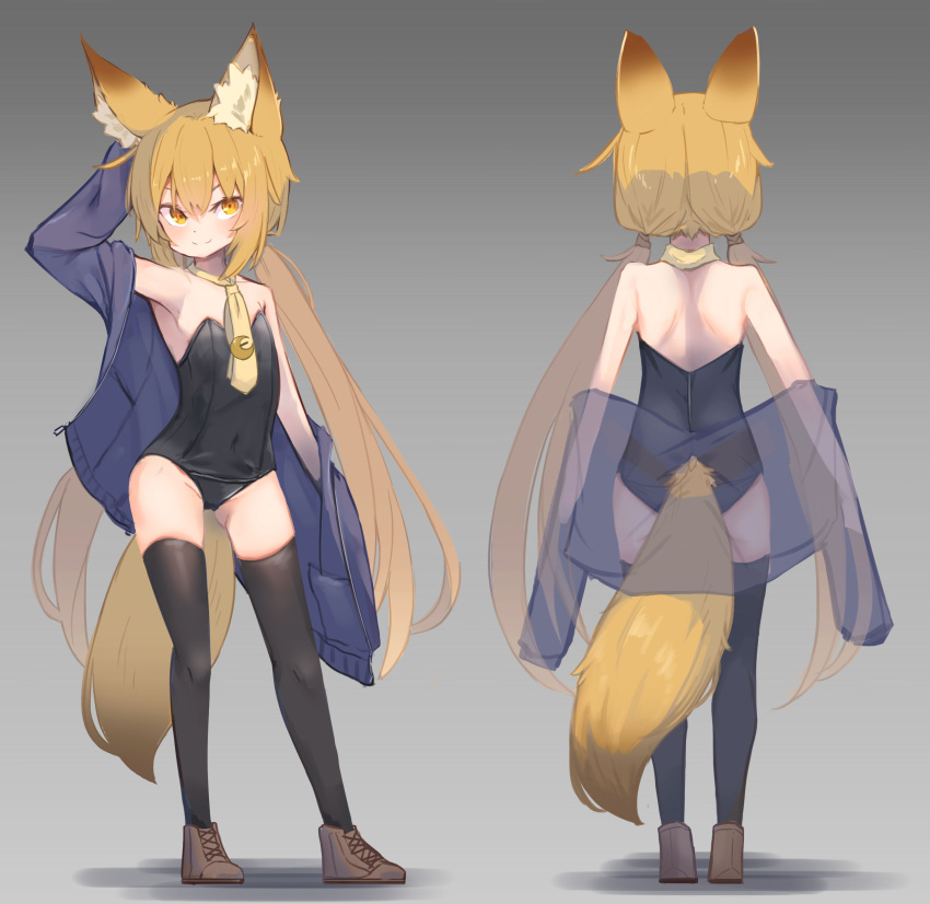 absurdres animal_ears black_thighhighs blonde_hair flat_chest fox_ears fox_tail gradient gradient_background highres jacket kantai_collection logiclr long_hair playboy_bunny satsuki_(kancolle) tail thighhighs twintails very_long_hair yellow_eyes