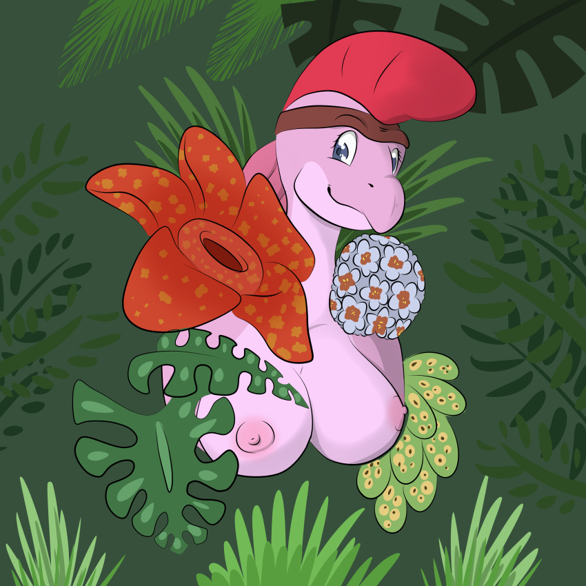 absurd_res accessory anthro big_breasts breasts corpse_flower dinosaur don_bluth female flower forest headband headband_only hi_res hirothedragon leaf nipples non-mammal_breasts non-mammal_nipples nude oviraptor oviraptorid plant reptile ruby_(the_land_before_time) scalie shrub simple_background smile solo tasteful_nudity teenager the_land_before_time theropod tree tribal young