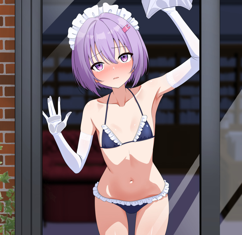 1girl \||/ a.i._voice absurdres against_glass alternate_costume arm_up armpits bare_shoulders bikini black_bikini blush brick_wall collarbone commentary_request cowboy_shot day double-parted_bangs embarrassed flat_chest frilled_bikini frills from_above gloves hair_between_eyes hair_intakes hair_ornament hand_up headdress highres holding holding_tissue indoors leaning_forward looking_at_viewer maid maid_bikini maid_headdress maretto navel nose_blush petite purple_eyes purple_hair raised_inner_eyebrows ribs short_hair sidelocks skinny solo standing stomach straight-on swimsuit tissue unconventional_maid voiceroid white_gloves white_headdress window wiping yuzuki_yukari yuzuki_yukari_(shizuku)