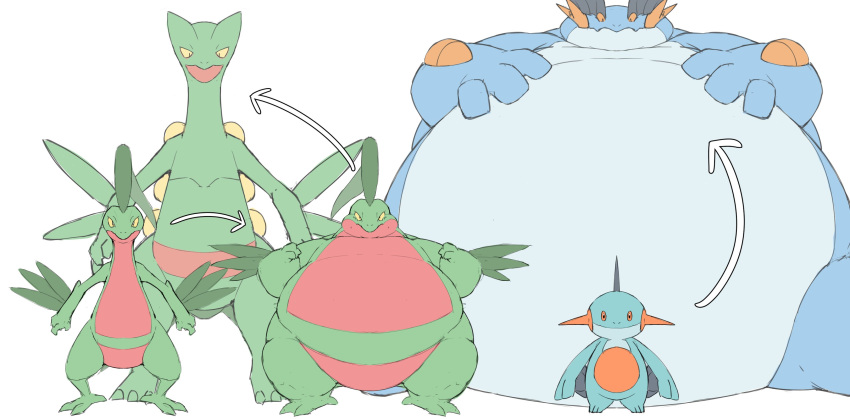 absurd_res amphibian anthro belly blue_body blue_skin duo feral generation_3_pokemon green_body green_skin grovyle hi_res larger_anthro larger_feral larger_male male male/male marshtomp morbidly_obese nintendo obese overweight pokemon pokemon_(species) sceptile simple_background size_difference smaller_anthro smaller_feral smaller_male standing_over swampert video_games weight_gain white_background white_belly white_body zephy_03