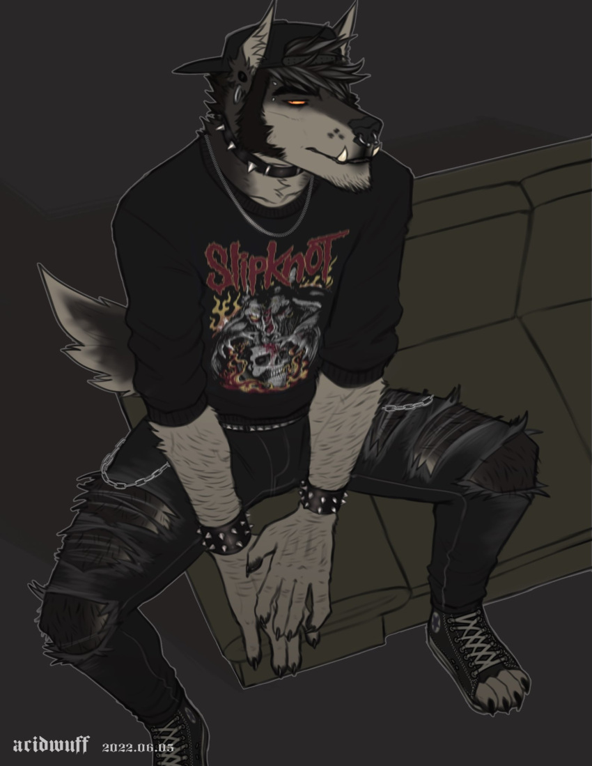 acidwuff anthro bottomwear canid canine canis clothing collar ear_piercing facial_piercing footwear hat headgear headwear hi_res larry_(acidwuff) looking_at_viewer male mammal nose_piercing nose_ring pants piercing punk ring_piercing scruffy shirt shoes sitting slipknot solo spiked_collar spikes topwear torn_bottomwear torn_clothing torn_pants wolf