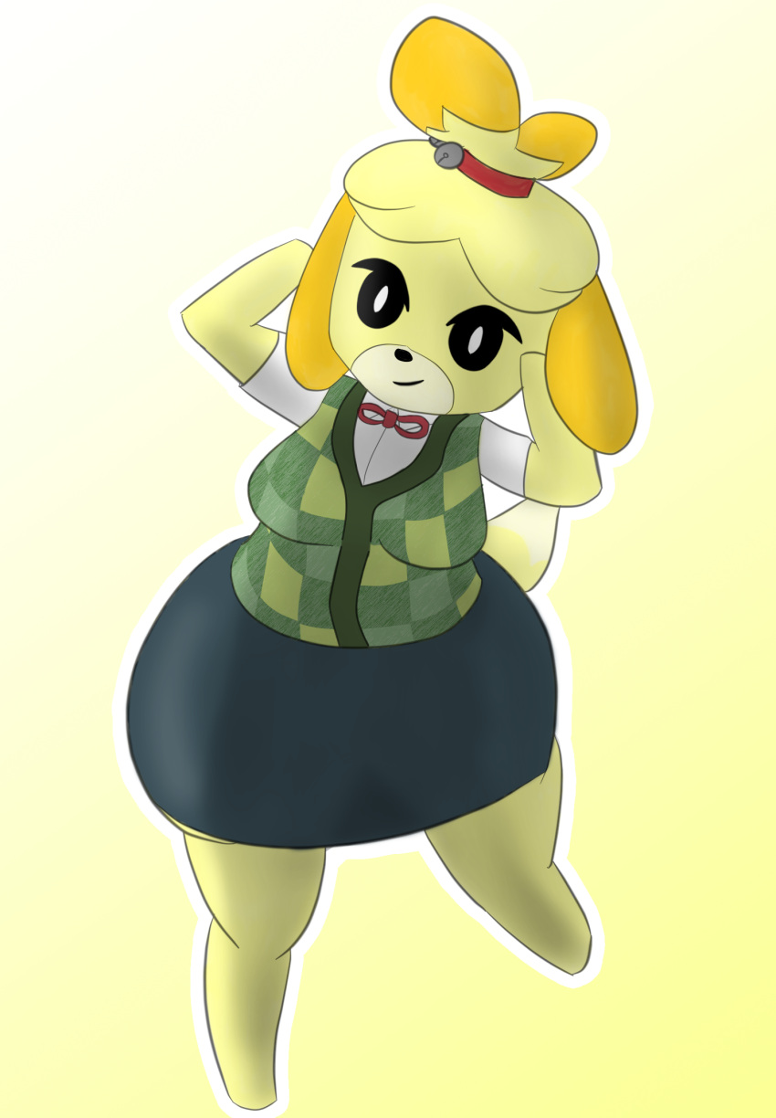 animal_crossing anthro bell big_breasts big_butt biped bottomwear breasts butt canid canine canis clothing collar domestic_dog female fur hand_on_face hi_res isabelle_(animal_crossing) mammal mrschllyay nintendo skirt smile solo toy_dog video_games wide_hips yellow_body yellow_fur