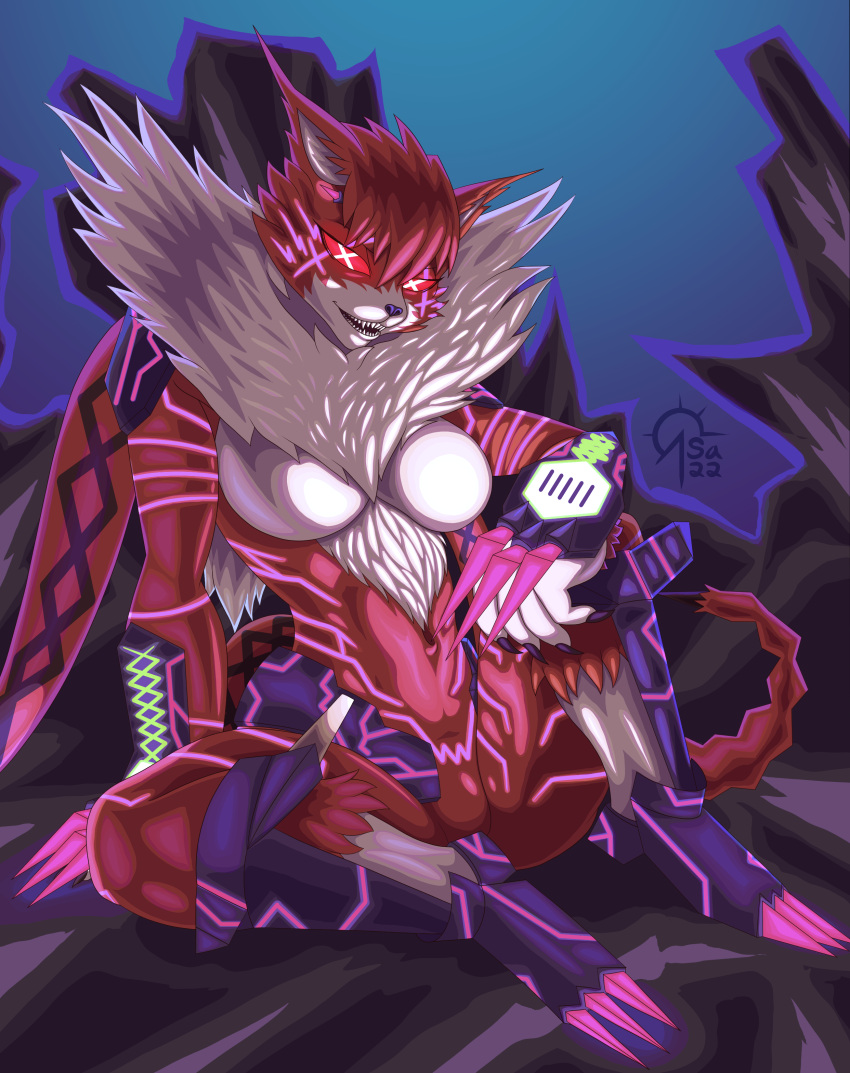 2022 absurd_res anthro armor bandai_namco big_breasts big_butt breasts butt cel_shading digimon digimon_(species) felid feline female fur gradient_background hi_res mammal meicrackmon meicrackmon_vicious_mode multicolored_body multicolored_fur open_mouth sacrificabominat shaded sharp_teeth simple_background sitting solo teeth
