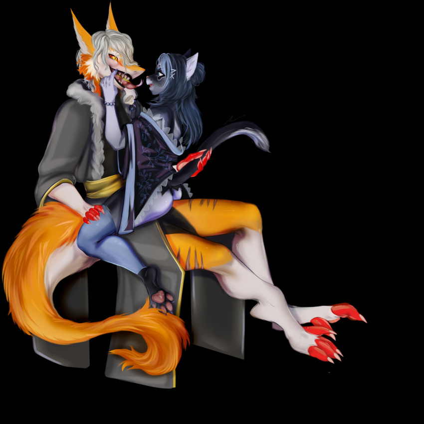 1:1 angry anthro asian_clothing clothing domestic_cat duo east_asian_clothing felid feline felis girly hi_res japanese_clothing john_g_burnt lips makeup male mammal morisatoshtern pawpads paws reo_(morisatoshtern) sergal size_difference tongue tongue_out