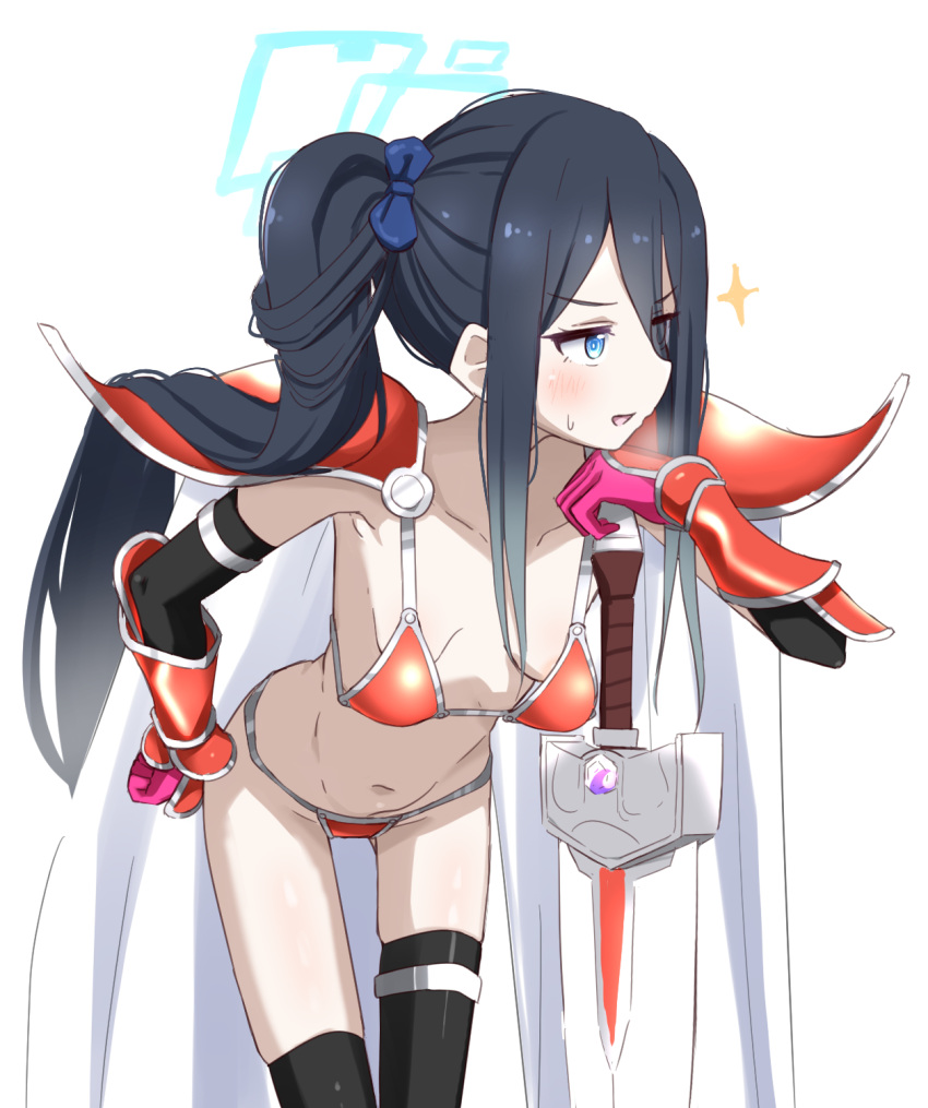 1girl alternate_costume aris_(blue_archive) arm_guards armor ass_visible_through_thighs bikini_armor black_gloves black_hair black_thighhighs blue_archive blue_bow blue_eyes blush bow breasts cape collarbone cowboy_shot donutman elbow_gloves elizabeth_bathory_(brave)_(fate) elizabeth_bathory_(fate) fate/grand_order fate_(series) gloves greaves hair_between_eyes hair_bow halo highres holding holding_sword holding_weapon huge_weapon leaning_forward long_hair navel oversized_breast_cup parted_lips pauldrons ponytail red_armor shoulder_armor sidelocks silver_trim simple_background small_breasts solo sweatdrop sword thighhighs v-shaped_eyebrows very_long_hair weapon white_background white_cape