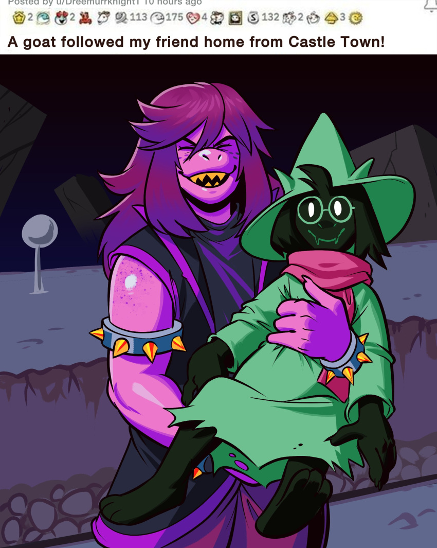 absurd_res angusburgers anthro bovid caprine carrying_another darkner deltarune duo eyes_closed female goat hi_res looking_at_viewer male mammal ralsei reddit scalie scarf smile susie_(deltarune) undertale_(series) video_games