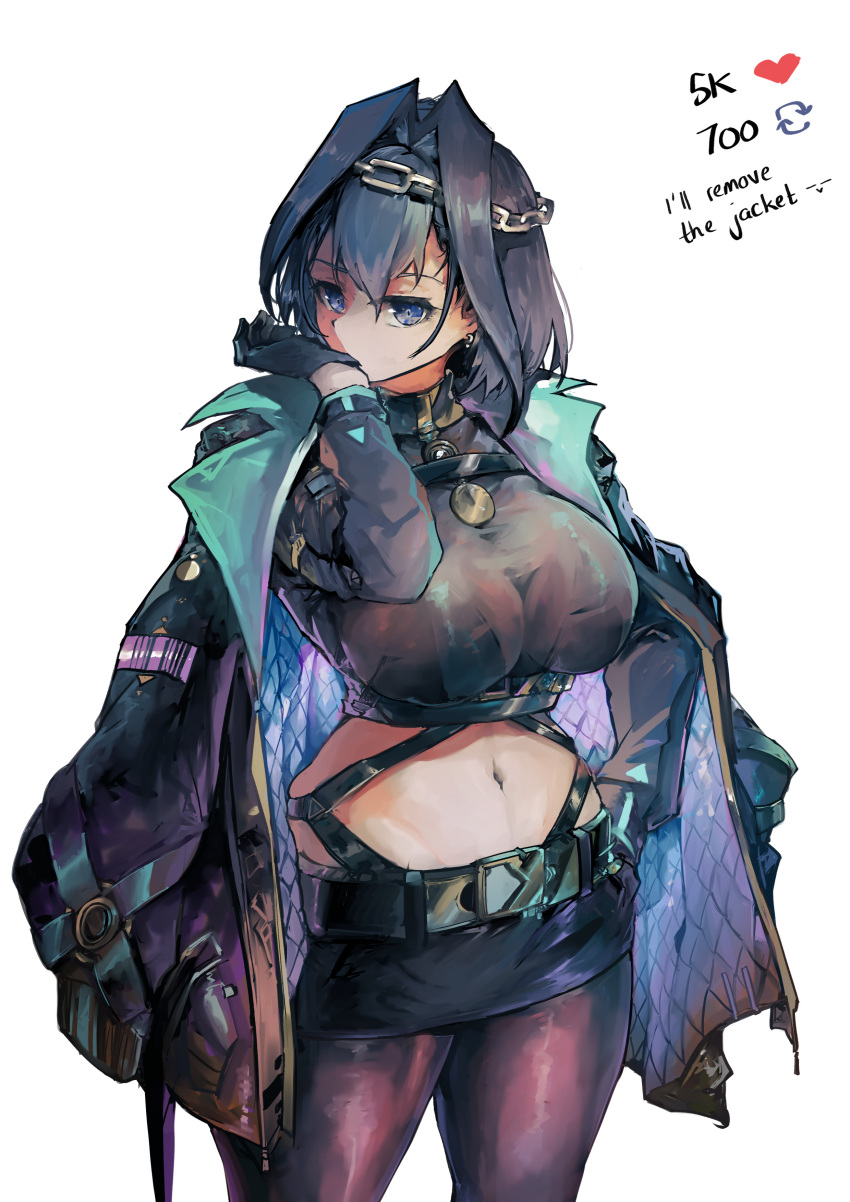 1girl absurdres bangs biting black_choker black_skirt blue_eyes blue_hair breasts chain_headband choker crop_top curvy earrings glove_biting gloves hair_intakes hand_on_hip headband highres hololive hololive_english jacket jacket_on_shoulders jewelry large_breasts midriff miniskirt open_clothes open_jacket ouro_kronii pantyhose see-through short_hair skirt virtual_youtuber vyragami white_background