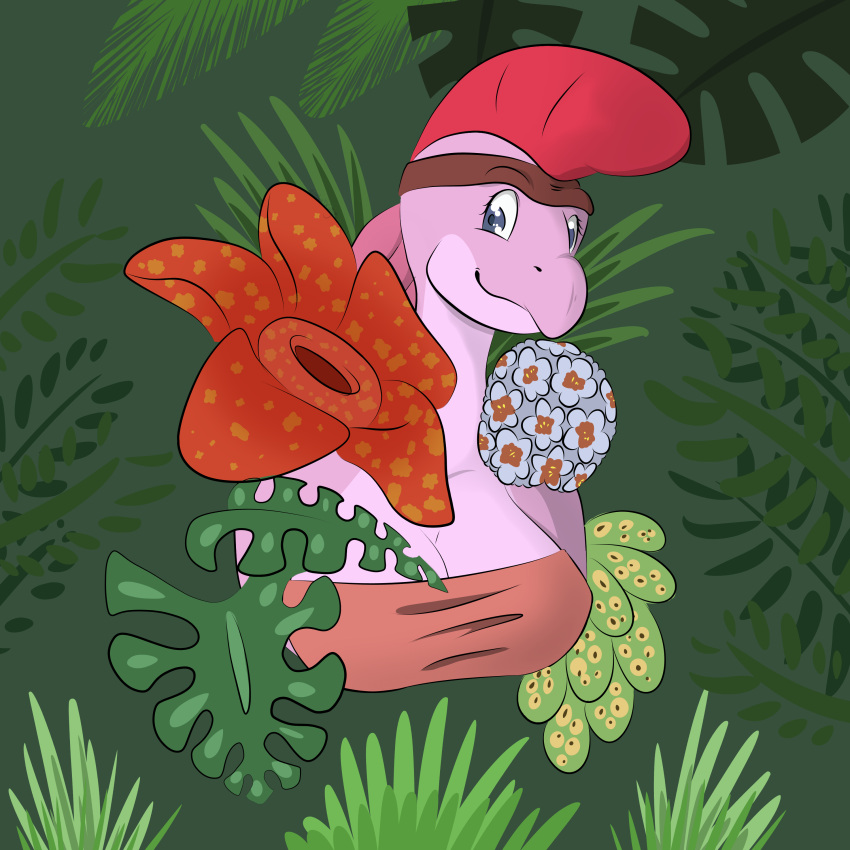 absurd_res accessory anthro big_breasts breasts clothing corpse_flower dinosaur don_bluth female flower forest headband hi_res hirothedragon leaf non-mammal_breasts oviraptor oviraptorid plant reptile ruby_(the_land_before_time) scalie shrub simple_background smile solo teenager the_land_before_time theropod tree tribal young